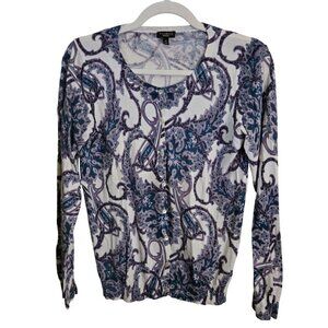 Talbots Silk Blend Purple Teal Paisley Classic Crewneck Cardigan Sweater Size M